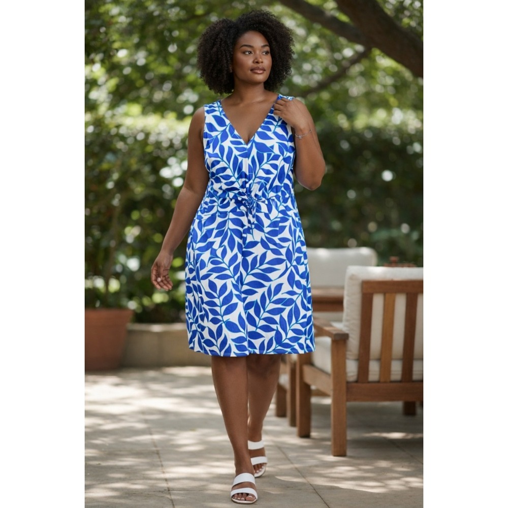 Leota Midi Dress Blue Palms Island Vacation Elevated Resortwear Party 2X A Line